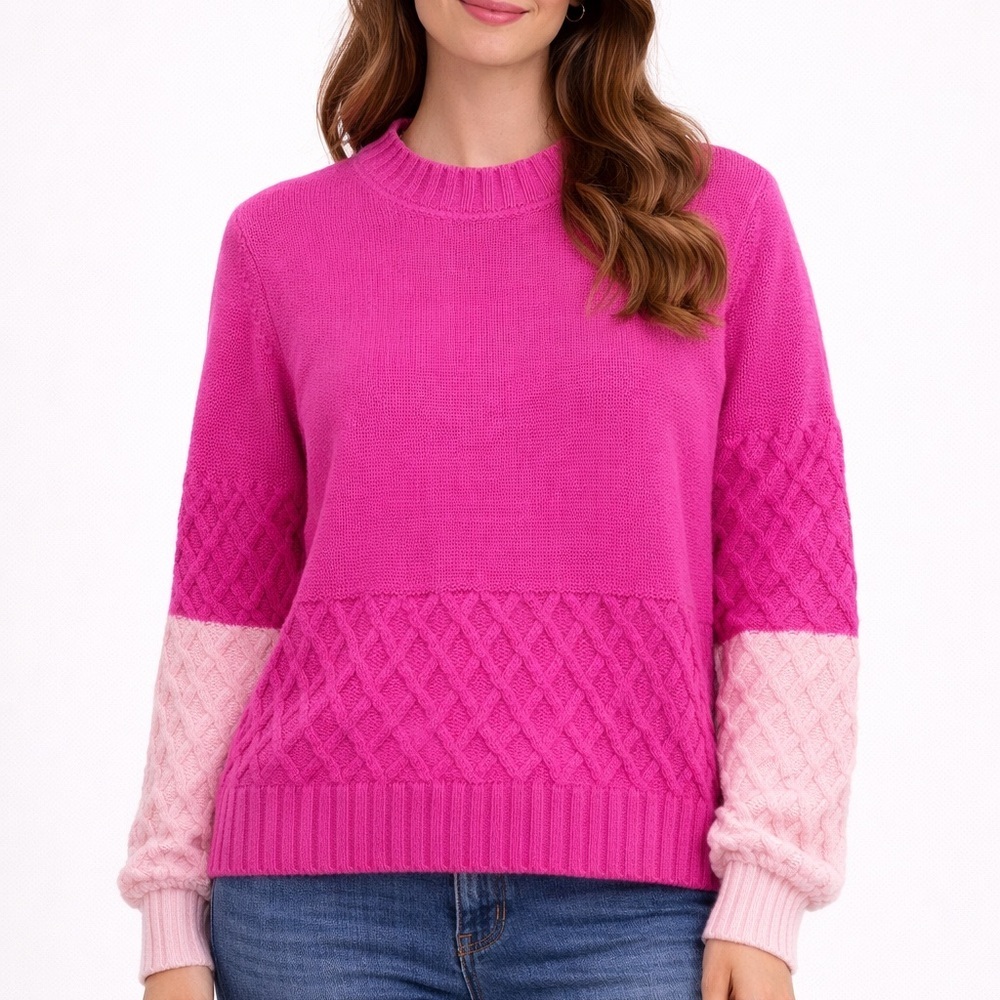 crown & ivy Pink Colorblock Cable Knit Crewneck Sweater
